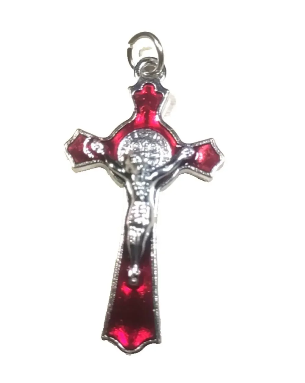 Silver Tone Red Enamel Cross Crucifixion Pendant